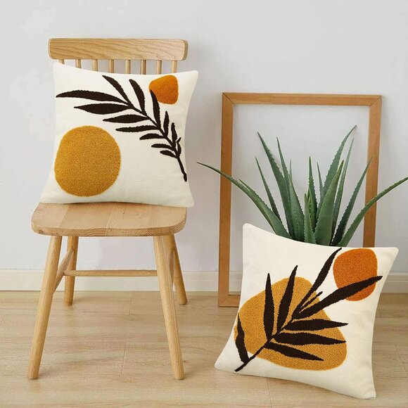 Abstract Throw Pillow Covers Orange Mid Century Geometric Leaf Decorative Cases - Picture 6 of 6